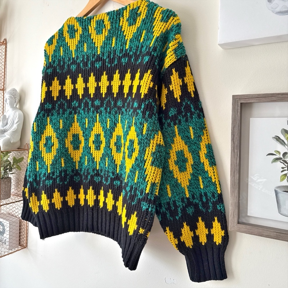 Vintage 80s 90s Grandpa Sweater Chunky Knit Oversized Pullover Colorful Size M - Picture 9 of 12